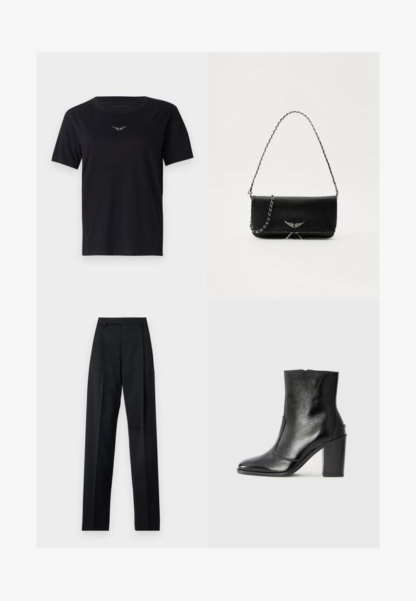 Zwarte katoenen t-shirt met een ronde hals, korte mouwen en een subtiele, gestructureerde zilveren logo op de borst. Gladde stofafwerking.; Zwarte broek gemaakt van gladde stof met een hoge taille, wijde benen, voorplooien en klassieke ceintuurlussen. Geen zijzakken zichtbaar.; Zwarte leren enkelboot met een gladde textuur, spitse neus en een gedurfde hoge hak. Beschikt over een zijopening en een minimalistisch ontwerp.; Zwarte leren handtas met een zilveren kettingband, voorzien van decoratieve vleugelaccenten en witte stiksels langs de onderste naad.