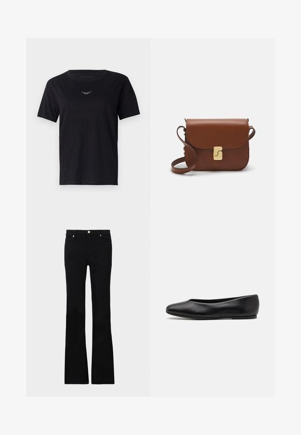 T-shirt de algodão preto com gola redonda, mangas curtas e um logotipo texturizado discreto em prata no peito. Acabamento de tecido suave.; Calças pretas de ganga em corte flare, com dois bolsos frontais, fecho com botão e uma textura suave. Costura característica visível nas costuras.; Paul Smith TOPANGA - Sabrinas - black; Bolsa de couro castanho com fecho de aba, decoração em tom dourado, alça de ombro e textura suave. Formato retangular compacto.