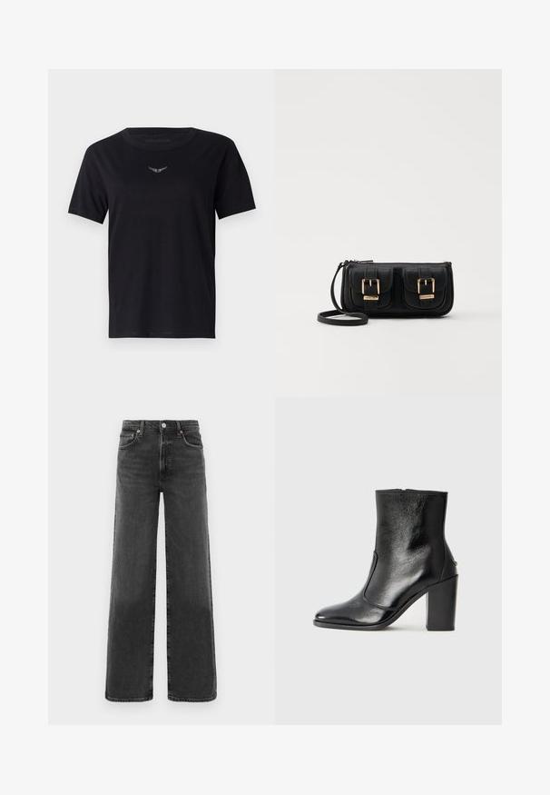 Musta puuvillapaita, jossa on pyöreä kaula-aukko, lyhyet hihat ja hillitty, teksturoitu logo hopeana rinnassa. Silkkinen kankaan viimeistely.; Mustat korkeavyötäröiset suorat farkut, joissa on etunappi ja vetoketju, kaksi etutaskua ja kaksi takataskua.; Mustat nahka ankle bootit, joissa on sileä pinta, terävä kärki ja paksu korkea korko. Sivusaumassa on avaus ja muuten yksinkertainen muotoilu.; Musta nahkainen olkalaukku, jossa on kaksi etutaskua, kultaiset soljet, vetoketjukiinnitys ja kapea hihna. Teksturoidun pinnan ja kompaktin suorakaiteen muoto.