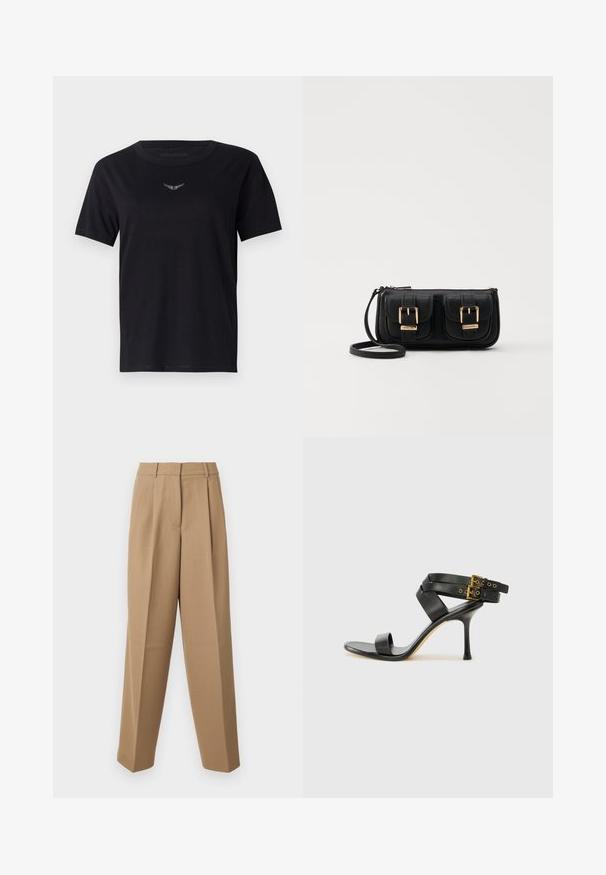 Melnas kokvilnas T-krekls ar apaļu izgriezumu, īsām piedurknēm un smalku, teksturētu sudraba logo krūšu daļā. Gluda auduma apdare.; Bēšas stilīgas bikses ar augstu jostasvietu, kroku priekšpusi un platām kājām. Audums izskatās gluds ar vieglu spīdumu.; Melna augsta papēža sāndele ar krustotiem siksniņām un regulējamu sprādzi. Iespēlēts gluds tekstūra un pakāpenisks stiletto papēdis.; Melnas ādas crossbody soma ar divām priekšējām kabatām, zelta sprādzēm, ar rāvējslēdzēju aizdari un šauru siksnu. Strukturēta virsma un kompakta taisnstūra forma.