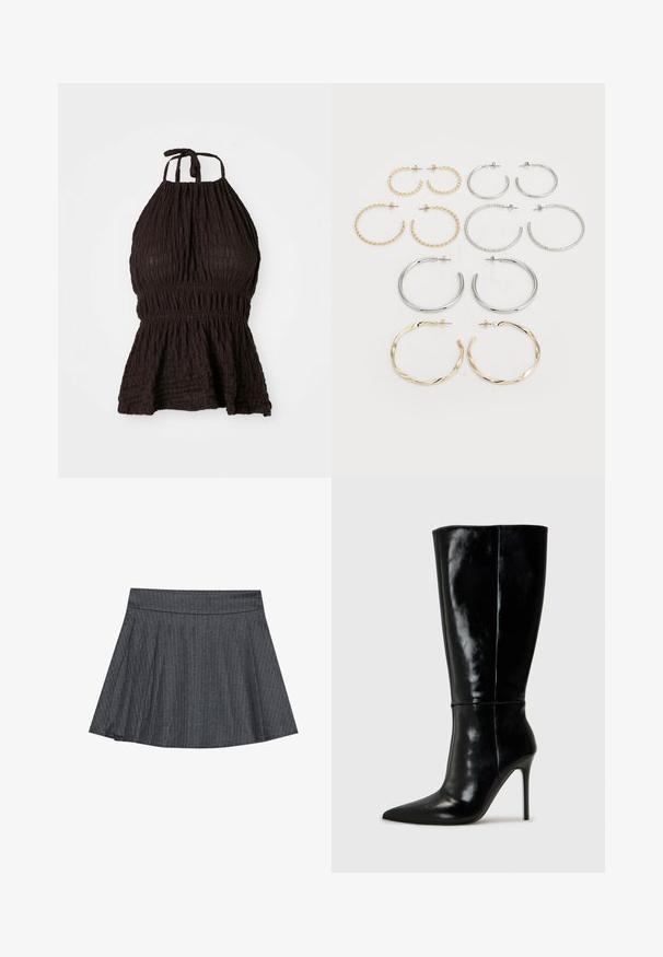 Crna halter gornja majica s teksturiranim materijalom, smirenim strukom i podešivim vezicama. Ima peplum dizajn za dodatni oblik.; Sivi suknja na preklop s prugicama, s prilagođenim pojasom, raširenim A-linijom i mekom teksturom materijala. Vertikalne linije povećavaju vizualni interes.; Crne kožne čizme do koljena s oštrim vrhom i visokim stiletto potpeticama. Glatka tekstura i sofisticirani dizajn, s minimalnim detaljima.; Set od dvanaest naušnica u obliku obruča u srebrnim i zlatnim tonovima. Uključuje isprepletene, glatke i teksturirane dizajne s raznim veličinama i završnim obradama.