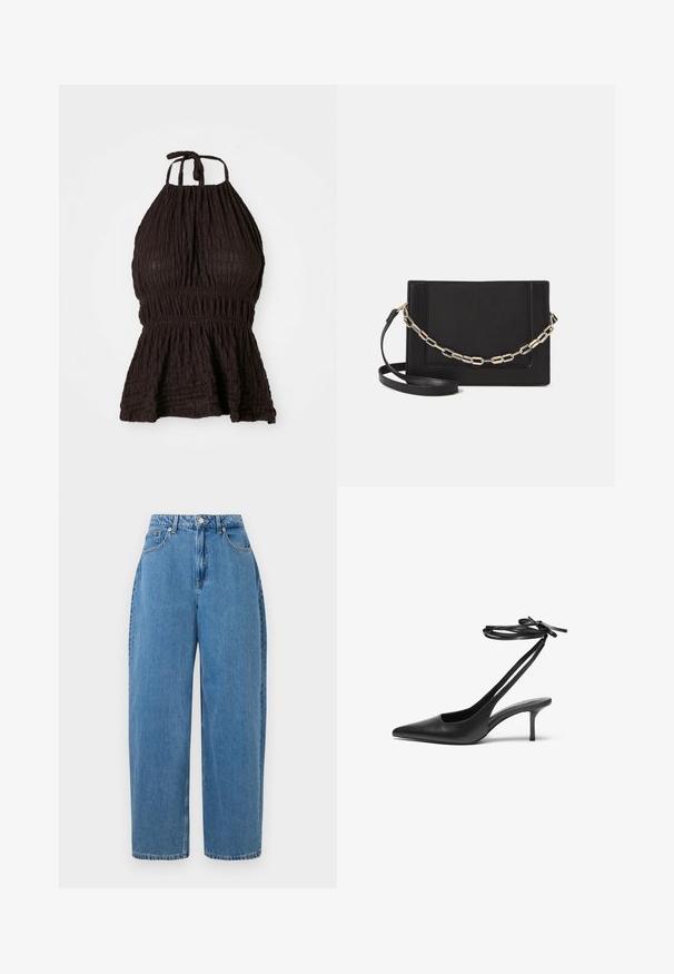 Black halter top with textured fabric, smocked waistband, and adjustable tie straps. Features a peplum design for added shape.; Light blue denim trousers with a straight-leg fit, high waist, and front button closure. Features five pockets and minimal stitching details.; Black leather stiletto shoe with a pointed toe, open back, and ankle straps tied in a bow. Slim 3-inch heel. Smooth texture, minimalist design.; Black leather crossbody bag featuring a smooth texture, rectangular shape, and a metallic chain detail on the front. Adjustable strap included.