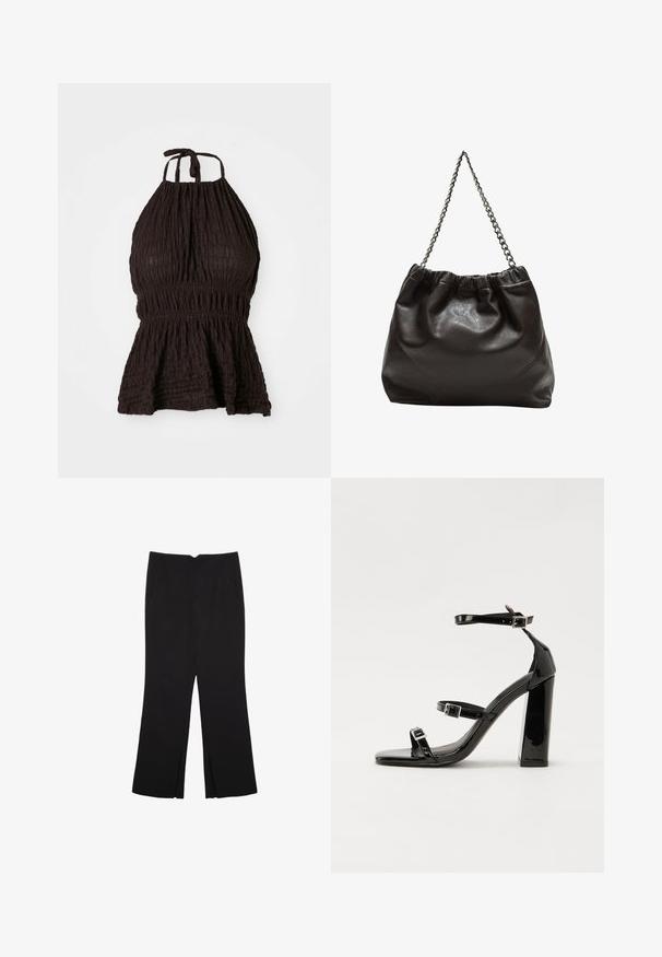 Črn halter top z teksturirano tkanino, smukano pasom in nastavljivimi trakovi. Ima peplum zasnovo za dodatno obliko.; Črne hlače ravnega kroja z naglavnimi žepi in stranskimi razporki na robu. Narejene iz mehke, gladke tkanine. Primerne za različne priložnosti.; Črne lakirane sandale s peto, kvadratnim prstom, trakovi okrog gležnja in srebrnimi zaponkami. Opremljene so s stabilno Debelo peto.; Rjava usnjena torba z nabranim vrhom in verižnim trakom. Gladka tekstura z sijajno površino in subtilnimi šivi na straneh.