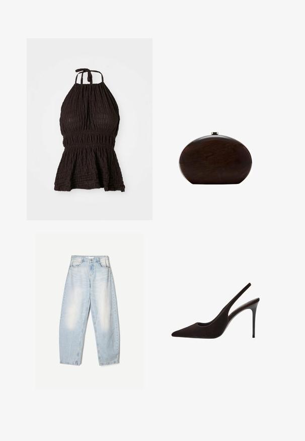 Crna halter gornja majica s teksturiranim materijalom, smirenim strukom i podešivim vezicama. Ima peplum dizajn za dodatni oblik.; Svijetloplave traperice s širokim krojem, s izblijedjelim završetkom, dva prednja džepa i dugmetom za zatvaranje na struku.; Smeđe suede štikle s otvorenom petom, oštrog vrha, elegantnog dizajna, izrezanim stranama i vitkim štiklama.; Brah brončani kufer s čvrstom školjkom u zaobljenom obliku i glatkom teksturom. Ima kopču na vrhu i minimalistički dizajn bez ukrasa.