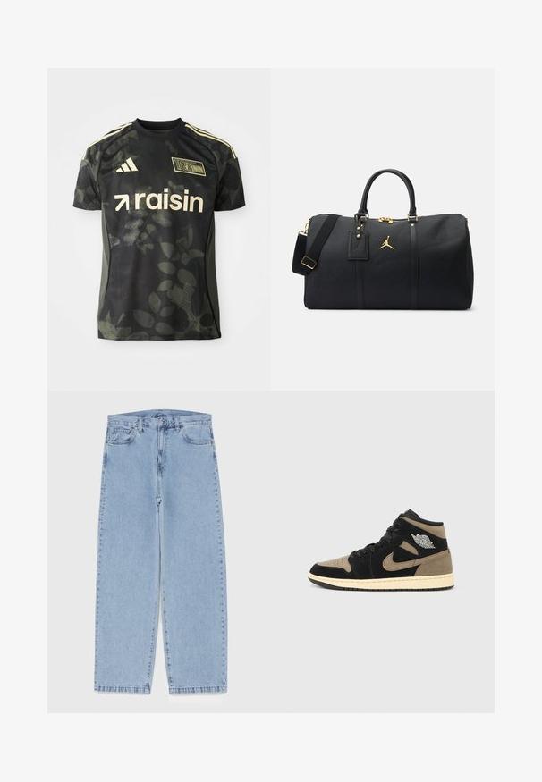 Čierny dres s krátkym rukávom s jemným vzorom listov, zlatými akcentmi a logom "raisin". Obsahuje Adidas pruhy na pleciach a okrúhly výstrih.; Svetlomodré denimové džínsy s rovnými nohavicami, s polovysokým pásom, piatimi vreckami a zapínaním na gombík a zips.; Tenisky s vysokým členkom z čiernej a hnedej semišovej kože, s perforovanou špičkou, béžovou medzipodrážkou, čiernymi šnúrkami a strieborným logom na boku.; Čierna športová taška s zlatými kovovými prvkami; vyrobená z texturovaného materiálu. Obsahuje logo, odnímateľný popruh a visačku na batožinu.