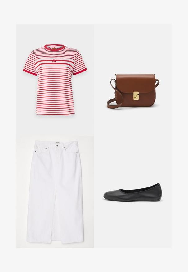 MCM COL STRIPE - Apdrukāts T-krekls - candy red; Bala balta denima svārki ar priekšējo šķelšanos, piecu kabatu dizainu, metāla pogu un rāvējslēdzēja aizdari, kā arī izšūti apakšmala akcenti.; Melna ādas baleta kurpe ar noapaļotu purngalu, gludu tekstūru, minimālu šuvju detalizāciju un elastīgu zoles dizainu.; Bordo ādas rokas soma ar atloku, zeltītām detaļām, plecu siksnu un gludu virsmu. Kompakta, taisnstūrveida forma.