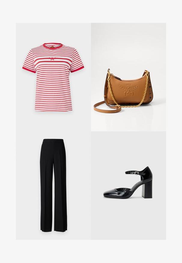 MCM COL STRIPE - T-shirt print - candy red; Zwarte wijde broek met een gladde textuur, voorzien van een hoge tailleband en middelste plooien. Geen zichtbare patronen of hardware-details.; Zwarte lakleren hoge hakken met een vierkante neus, enkelbandje en een chunky hak. Inclusief geperforeerde details langs de rand.; Bruin leren schoudertas met reliëflogo, gouden ketting en leren banden, gebogen vorm en decoratieve accenten aan de zijkanten.