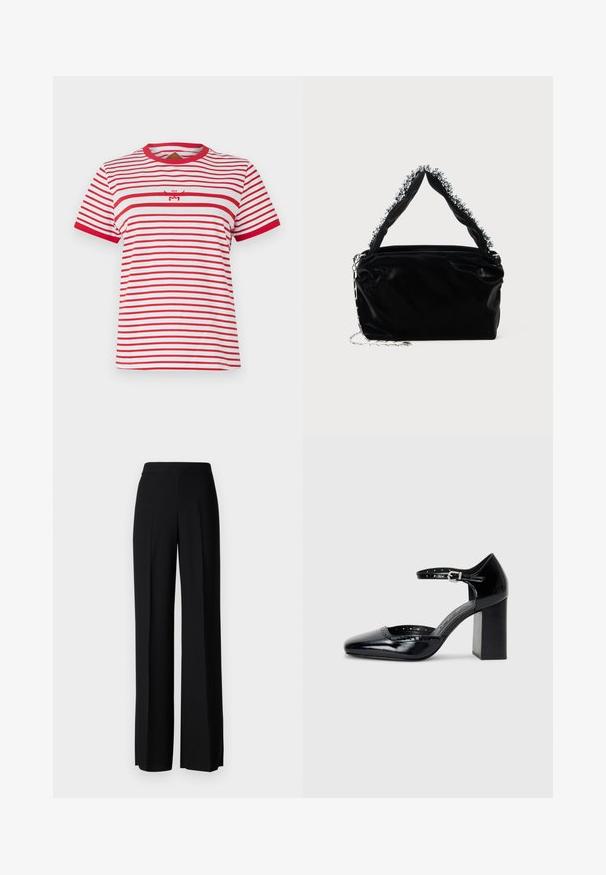 MCM - T-shirt z nadrukiem; Czarne spodnie o szerokim kroju, o gładkiej fakturze, z wysokim stanem i centralnymi kantami. Brak widocznych wzorów lub detali metalowych.; Czarne lakierowane szpilki z kwadratowym noskiem, paskiem na kostkę i masywnym obcasem. Zawierają perforowane detale na krawędzi.; Czarna torebka z sztucznej skóry o teksturowanym wykończeniu, z koralikowym srebrnym akcentem wzdłuż górnego uchwytu oraz łańcuszkowym paskiem.
