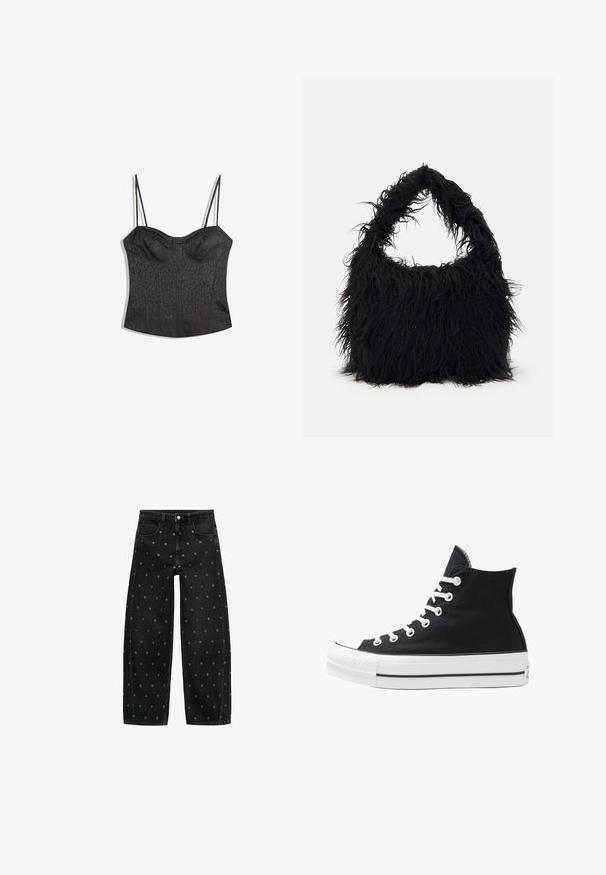 Zwarte bustier met verstelbare spaghetti bandjes, voorzien van een gestructureerd panterprintpatroon en een gestructureerd paneelontwerp.; Zwarte denim wide-leg jeans met een patroon van kleine zilveren oogjes, met een klassieke vijf-pocket design en een knoopsluiting aan de voorkant.; Hoge zwarte canvas sneaker met witte oogjes, veters en rubberen zool. Beschikt over een gestructureerde neuskap en zwart-witte streepaccenten.; Even&Odd Shopper - black