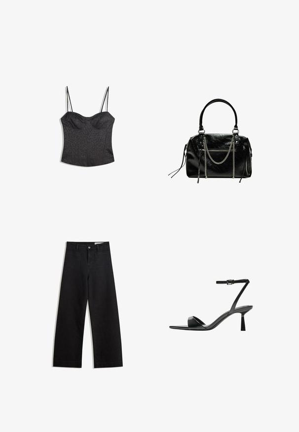 Bustier nero con spalline regolabili, caratterizzato da un motivo a stampa leopardata testurizzata e da un design a pannelli strutturati.; Pantaloni in denim neri a gamba larga con vita alta, dotati di tasche anteriori e posteriori, cuciture a punto, e chiusura con bottone. Texture liscia.; Bershka Sandali con tacco - black; Bershka WITH CHAIN - Borsa a mano - black