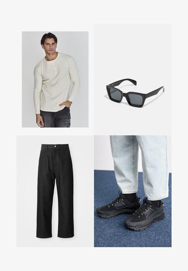 Krems tonu garām piedurknēm ribota henley krekls ar apaļu kakla izgriezumu, trīs pogu aizdari un pieguļošām piedurknēm, apvienots ar tumšām džinsu biksēm.; Melnas džinsus bikses ar brīvu piegriezumu, augstu vidukli, rāvējslēdzēja aizdari un piecu kabatu dizainu. Redzama šuvju akcenti visā virsmā.; Melni sporta apavi ar strukturētu audumu un gumijas zoli, ar elastīgām auklām un zilu akcentu uz papēža. Nēsāti ar gaišām džinsu biksēm.; Melni taisnstūra saulesbrilles ar tumšiem stikliem. Plastmasas rāmis ar spīdīgu apdari, ar plašu tiltu un nedaudz sašaurinātām kājiņām.