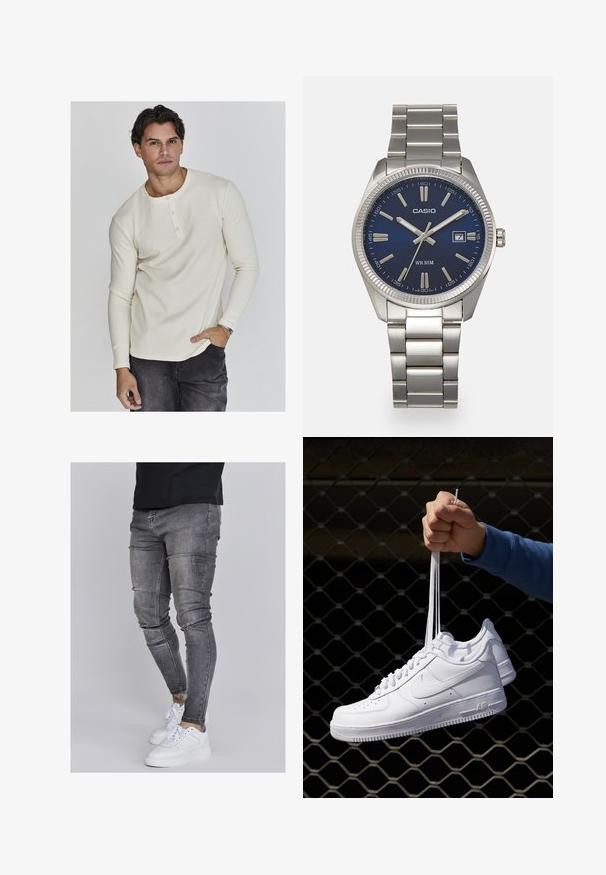 Ilgų rankovių kreminės spalvos aksesuaruota henley marškinėliai su apvalia iškirpte, trimis mygtukais, aptemptomis rankovėmis, derinami su tamsiomis džinsinėmis kelnėmis.; Lieknos džinsai iš išbluko pilkos džinsinės medžiagos, su pažeidimais keliuose, derinami su baltais sportiniais batais. Lygi tekstūra, siauras siluetas.; Balti odiniai sportiniai bateliai su perforacijomis, apvalia nosimi, plokščiu padu ir storomis raištelėmis, su matomu swoosh logotipu ir "AIR" ant kulno.; Sidabrinis nerūdijančio plieno laikrodis su tamsiai mėlynu ciferblatu, metaliniais valandų žymenimis ir datos langeliu 3 valandą. Atsparus vandeniui iki 50 metrų.