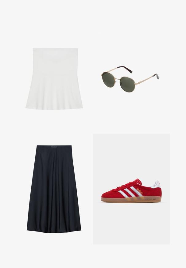 Top bianco senza spalline realizzato in tessuto morbido; design svasato con corpino aderente e orlo dritto, caratterizzato da una texture liscia.; Gonna nera al ginocchio realizzata in tessuto leggero con un design fluido. Presenta una texture morbida e pieghe sottili per un tocco di dettaglio in più.; Sneaker in suede rosso con design a tre strisce bianche e testo "Gazelle" in oro. Presenta una suola in gomma color cuoio e un tallone testurizzato.; Occhiali da sole rotondi con montatura in oro metallico e lenti verde scuro. Le stanghette presentano un design tartarugato per un tocco di dettaglio in più.; Borsa a tracolla in finta pelle nera con texture trapuntata, forma curvata, tracolla in catena argentata e un piccolo logo sul davanti.