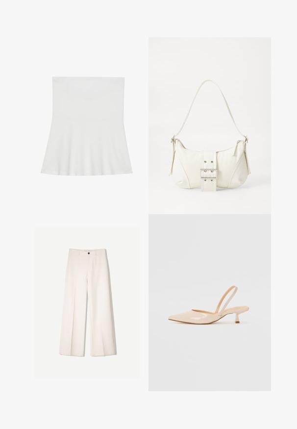 Bela brezrokavna majica iz mehkega blaga; širjen dizajn s prilegajočim se korzetom in ravnim robom, z gladko teksturo.; Kremne široke hlače s krojem, ki vključujejo dve sprednji žepi in en sprednji gumb za zapiranje, izdelane iz gladkega blaga.; Bež čevlji na peto iz patentiranega usnja, s koničastim nosom in ozko kvadratno peto. Gladka tekstura in minimalističen dizajn brez okrasja.; Bela torbica za rame z teksturirano površino, osrednjo sponko in ukrivljenim oblikovanjem. Zadrge na obeh straneh.
