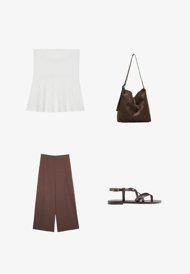 White strapless top made of soft fabric; flared design with a fitted bodice and straight hem, featuring a smooth texture.; Brown wide-leg trousers with a smooth texture, featuring a high waist and front pleats. The fabric is lightweight and flows loosely.; Brown leather sandal featuring crisscross straps, an ankle buckle closure, and a flat sole with minimal stitching details.; Brown suede hobo bag with a curved top, a long strap with dot accents, and a soft texture. Features slouchy design for casual use.