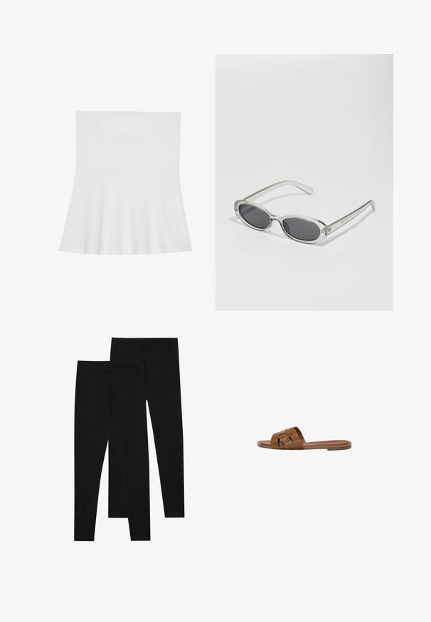 Biały top bez ramiączek wykonany z miękkiego materiału; rozszerzany krój z dopasowanym korpusem i prostym wykończeniem, charakteryzujący się gładką teksturą.; Czarne legginsy wykonane z elastycznego materiału, z bezszwowym pasem i dopasowanym krojem, odpowiednie do noszenia na co dzień lub do ćwiczeń.; Brązowe skórzane klapki z krzyżującymi się paskami, płaską podeszwą i gładką fakturą. Prosty design bez ozdób czy wzorów.; Okulary przeciwsłoneczne w owalnym kształcie, z przezroczystą plastikową oprawą, ciemnoszarymi soczewkami oraz cienkimi przezroczystymi ramionami z akcentami logo i minimalnymi detalami.; Brązowa torebka z zamszu z złotym kwadratowym zapięciem, górnym uchwytem i łańcuszkowym paskiem. Charakteryzuje się prostokątnym kształtem i zaokrąglonymi krawędziami.