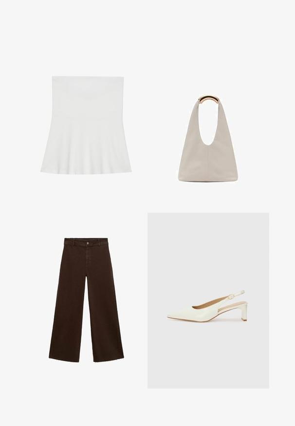 Biela top bez ramienok vyrobená z mäkkej látky; rozšírený strih s priliehavým telom a rovnými okrajmi, s hladkou textúrou.; Hnedé široké nohavice z bavlnenej zmesi, s roztrhnutým lemom, predným zapínaním na gombík a klasickým dizajnom s piatimi vreckami. Minimalistické a všestranné.; Biele lakované lodičky na podpätku so špicatou špičkou a nízkym blokovým opätkom. Obsahujú jemný remienok s detailom zlatého tónu.; Svetlosivá kožená taška s U-tvarom a zakrivenou kovovou rukoväťou. Hladký povrch s minimálnym prešívaním a bez viditeľných vzorov.
