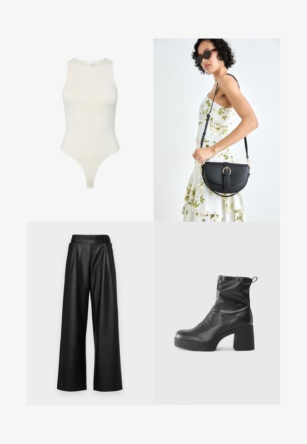 Bezramenný bodysuit z jemné off-white tkaniny; má vysoký výstřih, těsně přiléhající střih a spodní část ve tvaru tanga. Hladký povrch.; Černé široké kalhoty vyrobené z kůže, s vysokým pasem, plisováním a dvěma kulatými knoflíky na přední straně pro uzavření.; Černé kotníkové boty vyrobené z hladké kůže, s bočním zipem, robustním strukturovaným podpatkem a kulatou špičkou.; Černá kožená kabelka s křivkovým tvarem, odnímatelným popruhem a zlatými detaily. Kabelka má klopu s přezkou.