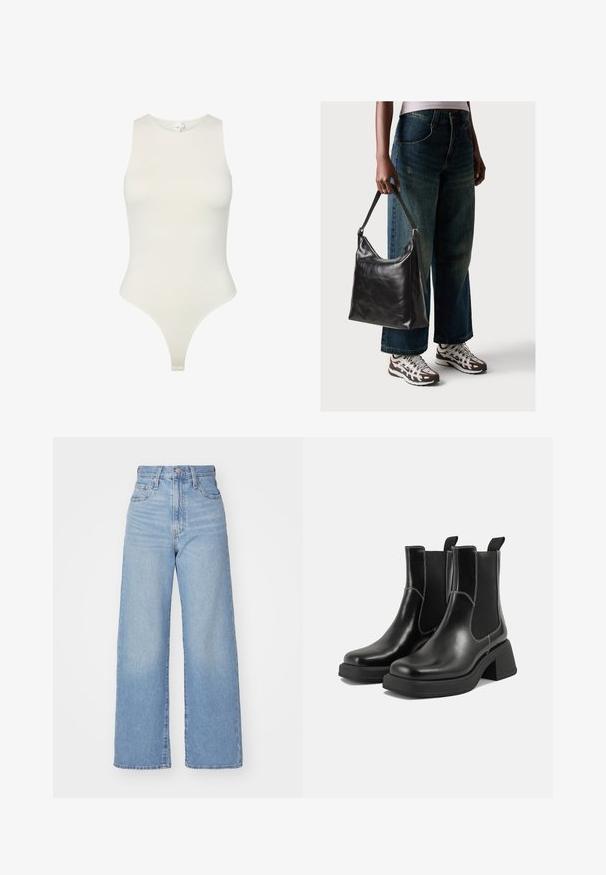 Bodysuit sem mangas em tecido suave, de cor off-white; apresenta um decote alto, design ajustado e corte em tanga na parte inferior. Textura suave.; Jeans de cintura alta e perna larga em azul claro, com fecho frontal de botão e zíper, bolsos frontais e traseiros, sobre um fundo branco.; Botas Chelsea em couro preto com um salto grosso, painéis laterais elásticos e costura branca em contraste. Acabamento texturizado.; Bolsa de ombro em couro preto com textura suave e alça ajustável, combinada com jeans de perna larga desbotados e ténis desportivos.