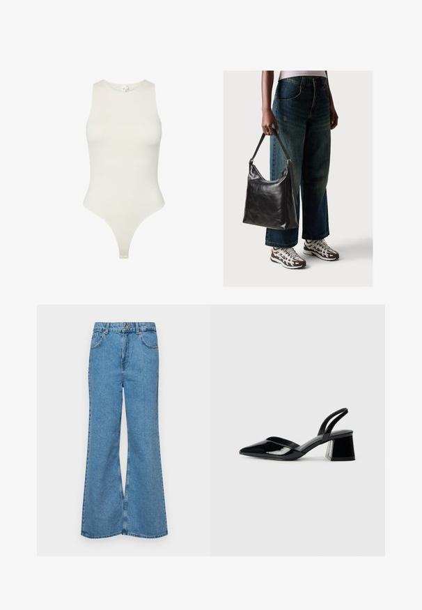 Sleeveless bodysuit in soft, off-white fabric; features a high neckline, form-fitting design, and a thong cut at the bottom. Smooth texture.; Light blue flared jeans made of denim, featuring a high waist, five pockets, and a single button closure. Soft texture with faded finish.; Black patent leather slingback heels with a pointed toe and a geometric block heel. Features a sleek, minimal design and smooth texture.; Black leather shoulder bag with a smooth texture and adjustable strap, paired with faded wide-leg jeans and athletic sneakers.