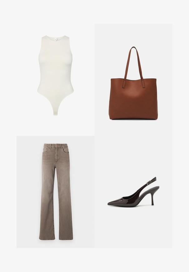 Õlavarreteta bodysuit pehmest kreemjas kangas; sellel on kõrge kaelus, kehakujuline disain ja aluspükside lõige all. Sile tekstuur.; Pruunid kõrge vöökohtadega sirged teksad, millel on ees nupp, vöölõngad ja klassikaline viie tasku disain valgel taustal.; Kare kõrge kontsaga king, läikiv tumepruun lakknahast, terava nina, avatud külgedega ja reguleeritava pahkluuringiga.; Pruun nahast tote-kott, millel on sile tekstuur, avatud ülaosa disain ja kaks õlarihma. Omab minimaalset õmblust ja nähtavat riistvara ei ole.