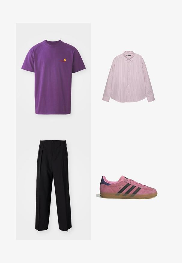 Ljubičasta pamučna majica s okruglim izrezom. Ima mali žuti i crveni logo na lijevoj strani prsiju. Kratke rukave, standardnog kroja.; Svijetlopinkena košulja na dugih rukava s okovratnikom, s vertikalnim plavim prugama i lepršavim krojem. Izrađena od glatkog materijala s blagim sjajem.; Crne plisirane hlače s ravnim širokim nogavicama. Izrađene od glatkog materijala, s dugmadi za zatvaranje i petljama za remen.; Roze nubuk tenisice s crnim prugama, gumeni potplat i teksturirani ljubičasti petni dio. Imaju vezivanje i utisnuti brend na strani.