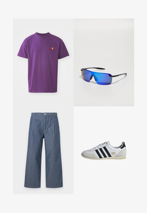 Purple cotton t-shirt with a crew neckline. Features a small yellow and red logo on the left chest. Short sleeves, standard fit.; Lightweight denim trousers in a dark blue shade, featuring a high waist, wide legs, front pleats, and a button closure.; White sneaker with black stripes and gold branding. Features suede and leather materials, perforated upper, and textured rubber sole.; Sport sunglasses with a black frame, blue mirrored lens, angular shape, and rubber nose pads for grip. Lenses feature a gradient tint.