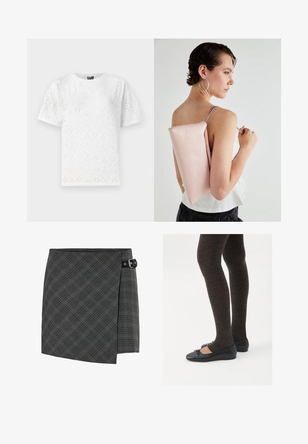 Balts kokvilnas T-krekls ar perforētu rakstu, kas satur izliekta veida formas, īsām piedurknēm un apaļu kakla izgriezumu. Gluda tekstūra un brīvs piegriezums.; Tumšgani pelēku kvadrātu rakstu vilnas apsegtā svārku ar melnu sprādzi labajā pusē, taisnu apakšmalu un smalku diagonālo svītru rakstu.; Melnas plakano formas kurpes ar mazu loku uz pirksta, apvienotas ar tumši brūnām ribotām zeķubiksēm. Kurpēm ir gluda tekstūra un zems profils.; Rozā ādas rokassoma ar taisnstūra formu, sudraba ķēdes siksna un gluda virsma, nēsāta uz muguras. Vienkāršs dizains bez redzamām rakstu pēdām.