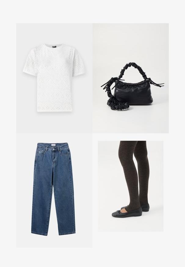 T-shirt branca de algodão com um padrão perfurado de formas curvas, mangas curtas e gola redonda. Textura suave e ajuste relaxado.; Jeans de denim azul clássicos com um design de perna reta, cinco bolsos e fecho de botão. Apresenta um tratamento médio e uma textura resistente.; Sapatos planos pretos com um pequeno laço na ponta, emparelhados com meias-calças caneladas castanhas escuras. Os sapatos têm uma textura suave e um design discretamente baixo.; Bolsa de mão em couro sintético preto com textura de crocodilo, topo franzido e alça enrugada. Apresenta um design suave e compacto.