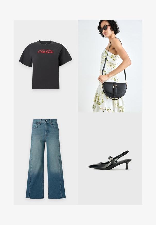 Zwarte katoenen t-shirt met korte mouwen, voorzien van een rode Coca-Cola logo en tekst op de borst. Klassieke ronde hals, losse pasvorm.; Brede pijpen jeans in een middelmatige blauwe wassing, met een gradient effect van donker naar licht. Gemaakt van denim met een traditionele vijf-pocketstijl.; Zwarte gepatineerde leren slingback hakken met een puntige neus en een kleine blokhak, met een zilveren gespaccent op de band.; Zwarte leren handtas met een gebogen vorm, afneembare schouderband en gouden hardware. De tas heeft een klep met een gespsluiting.