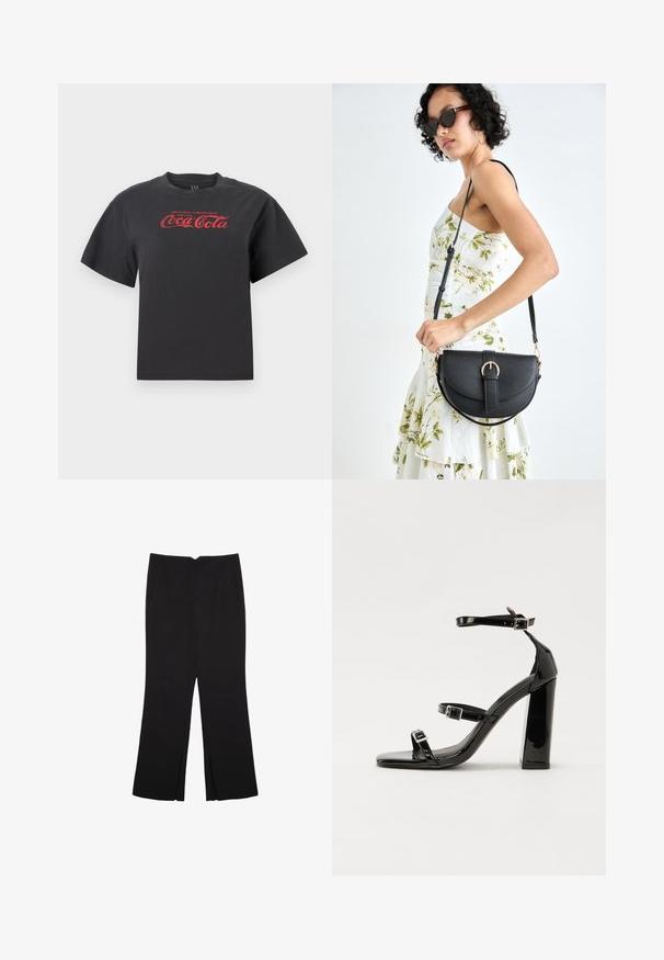 T-shirt in cotone nero con maniche corte, caratterizzato da un logo rosso della Coca-Cola e testo sul petto. Collo rotondo classico, vestibilità rilassata.; Pantaloni neri a gamba dritta, con tasche frontali e spacchi laterali all'orlo. Realizzati in tessuto morbido e liscio. Adatti a diverse occasioni.; Sandali con tacco in vernice nera, con punta squadrata, cinturini alla caviglia e fibbie in argento. Presentano un tacco a blocco spesso per maggiore stabilità.; Borsa a tracolla nera in pelle con una forma curva, manico rimovibile e accessori dorati. La borsa presenta una patta con un dettaglio a fibbia.