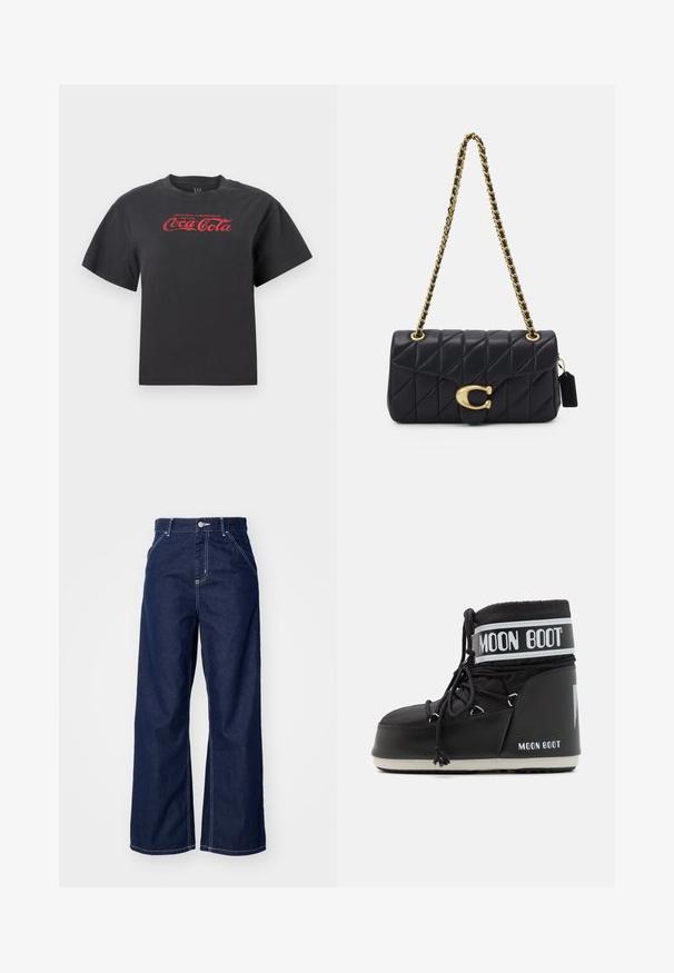 Zwarte katoenen t-shirt met korte mouwen, voorzien van een rode Coca-Cola logo en tekst op de borst. Klassieke ronde hals, losse pasvorm.; Wijd-uitlopende jeans in donkerblauwe denim, met een hoge taille, contrasterende witte stiksels en een traditionele vijf-pocket ontwerp.; Zwarte Moon Boot met een gevoerde bovenkant, bevestigd met veters en een kenmerkende witte band met het logo. Dikke, gestructureerde rubberen zool.; Zwarte, gequiltte handtas met een gouden kettingband, uitgerust met een onderscheidende gouden sluiting en een klein label, die een gestructureerde leren oppervlakte toont.