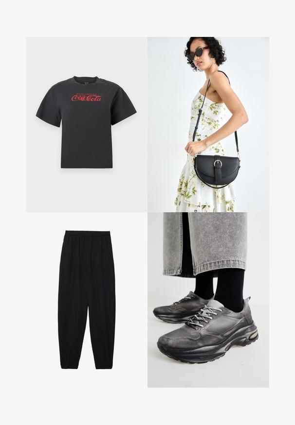 T-shirt en coton noir à manches courtes, arborant un logo Coca-Cola rouge et un texte sur la poitrine. Col rond classique, coupe décontractée.; Pantalons noirs légers avec une taille élastique et des chevilles froncées. Le tissu est lisse et présente un design décontracté et fuselé.; Des chaussures de sport noires et grises présentent un dessus en mesh, des semelles épaisses et des lacets. Elles ont un bout arrondi et des détails de rembourrage visibles.; Sac à main en cuir noir avec une forme courbée, bandoulière amovible et des accessoires en or. Le sac est doté d'un rabat avec un détail de boucle.