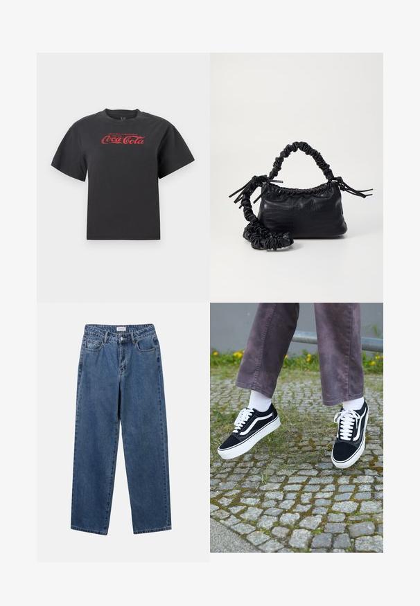 Zwarte katoenen t-shirt met korte mouwen, voorzien van een rode Coca-Cola logo en tekst op de borst. Klassieke ronde hals, losse pasvorm.; Klassieke blauwe denim jeans met een rechte pijp, vijf zakken en een knoopsluiting. Heeft een middelgrote wasbeurt en stevige textuur.; Zwarte suède sneakers met witte accenten, met een ronde neus, dikke witte zool en klassieke vetersluiting, gedragen met witte sokken en paarse broek.; Zwarte nepleer handtas met een krokodillenstructuur, opgedroogde bovenkant en een gekreukte hengsel. Het lijkt zacht en compact van ontwerp.