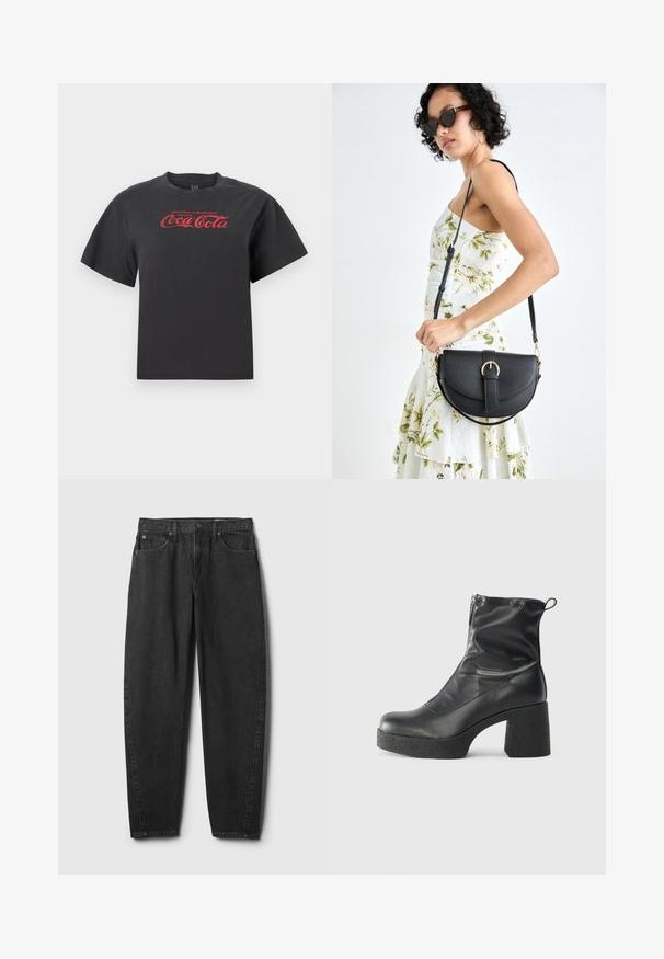 Black cotton t-shirt with short sleeves, featuring a red Coca-Cola logo and text across the chest. Classic crew neckline, relaxed fit.; Black denim jeans with a straight-leg cut, featuring five pockets, a button closure, and minimal stitching detail. Classic design and texture.; Black ankle boots made of smooth leather, featuring a side zipper, chunky textured heel, and rounded toe design.; Black leather handbag with a curved shape, detachable strap, and gold hardware. The bag features a flap with a buckle detail.