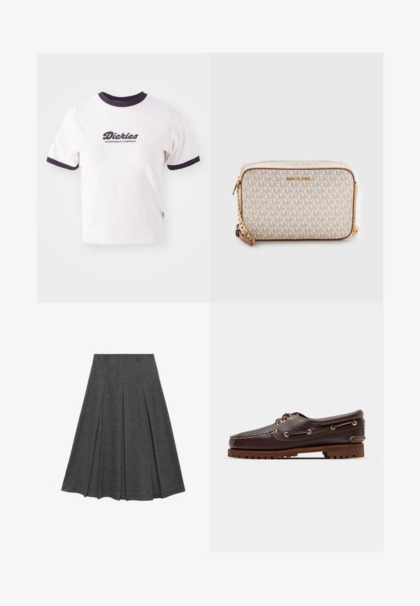 Bela majica s kratkimi rokavi z temno mornarsko rebrastim ovratnikom in rokavi. Ima velik grafični tekstovni logotip v temno mornarsko modri barvi "Dickies WORKWEAR COMPANY".; Siva plisirana krila s razširjenim oblikovanjem, izdelana iz mehke tkanine. Ima vertikalne plisirane detajle in gladek pas za prilegajoč videz.; Rjave usnjene čolnarske čevlje z zlatimi očesi, okroglicami in teksturiranim rjavim gumijastim podplatom. Ima šivano podrobno obdelavo in dvignjen logotip.; Bežna torba preko ramena, izdelana iz platna z ponavljajočim se vzorcem MK logotipa, zlato kovinsko okovje in verižni pas. Ima zadrgo in usnjene detajle.