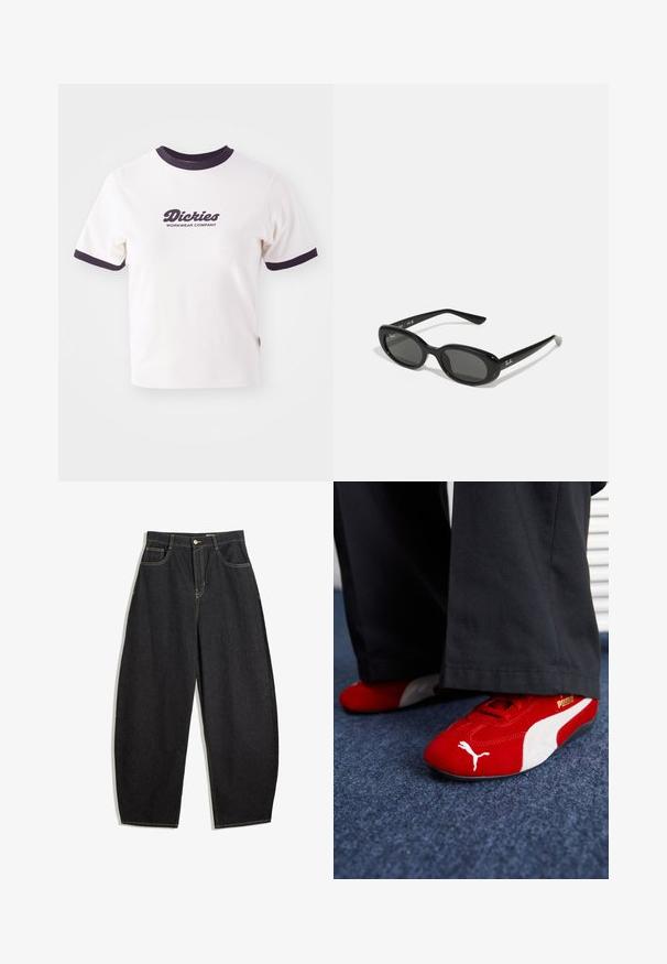 Vit T-shirt med mörkblå ribbad krage och ärmar. Har en stor grafisk textlogotyp i mörkblått, "Dickies WORKWEAR COMPANY."; Svarta denimbyxor med vida ben och hög midja, med gul sömnad, två framfickor och en knappstängning.; Röda mockasko sneakers med vita accenter, med texturerat material, rund tå och en gul logotyp på sidan, bärs med svarta byxor.; Svarta solglasögon med ovala linser, glansigt plastbåge och smala armar. Har Ray-Ban-logotypen i vitt på sidan.; Svart läderhandväska med flätade handtag, texturerad yta, dragkedjeförsedd framficka och dekorativa fransdetaljer. Kompakt och strukturerad form.