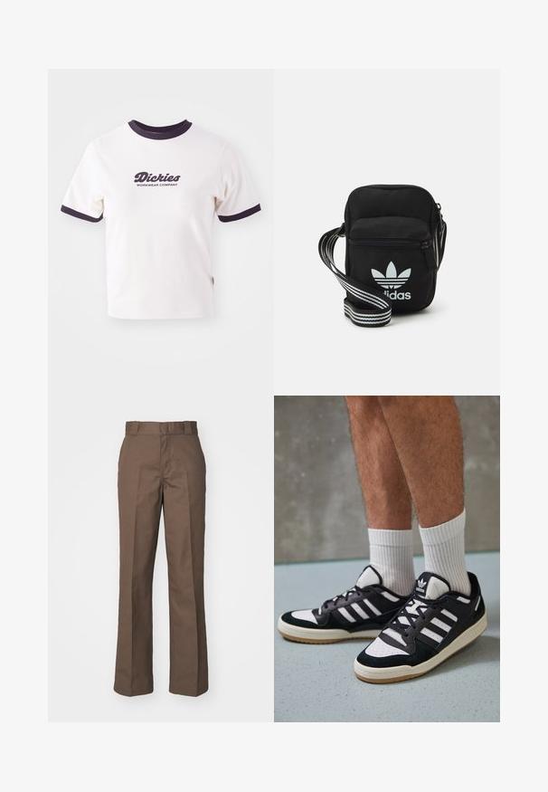 Balta T-kreklā ar tumši zilo riboto apkakli un piedurknēm. Satur lielu grafisku tekstu logotipu tumši zilā krāsā ar uzrakstu "Dickies WORKWEAR COMPANY."; Brūna kokvilnas bikses ar taisnu kāju dizainu, ar gludu priekšpusi un jostas cilpām. Gluda tekstūra, nav redzamu rakstu vai akcentu.; Melnas un baltas kedas ar zamša un ādas augšdaļu, kas aprīkotas ar trim baltām svītrām, perforētu purngali un gumijas zolēm.; Melna auduma crossbody soma ar rāvējslēdzēja aizdari, kurai ir balts Adidas logo un svītrainas regulējamas siksnas ērtiem pārvietošanās veidiem.
