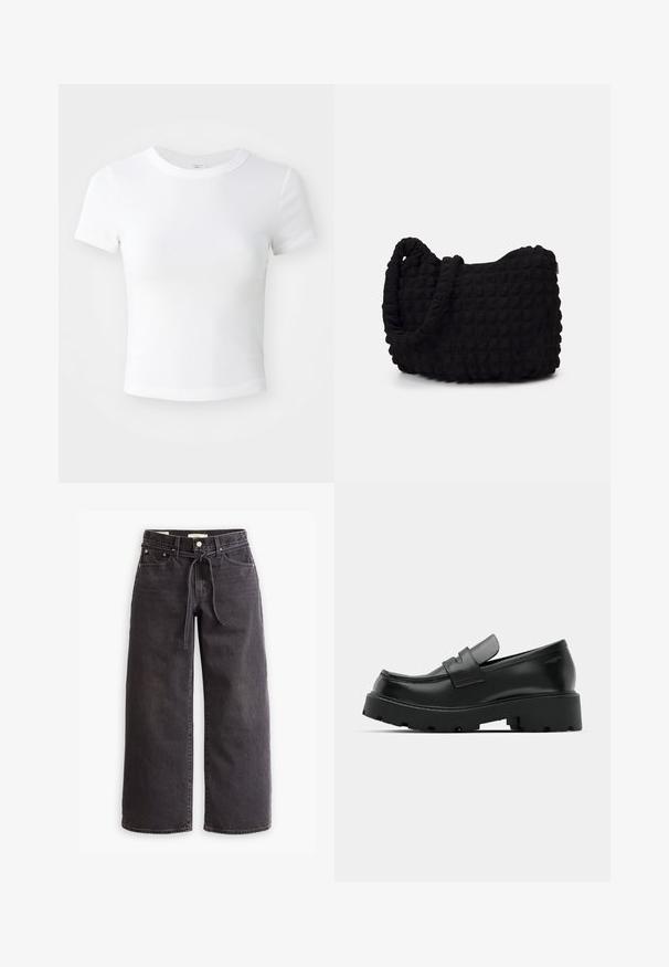 Balta trumpa rankovėmis pasijonėjusi marškinėliai su apvalia iškirpte, eksponuojami neutralioje šviesioje fone.; Juodos plačios kojos džinsai, pagaminti iš džinsinio audinio, su virvute liemens vietoje, penkiais kišenėmis ir kontrastingais siūlų akcentais. Lygus priekis.; Juodi odiniai loafersai su storu tekstūruotu padu, turintys dirželį per vampą ir lygų, blizgantį paviršių.; Juodas audinio maišelis su tekstūruota, siuvinėta raštu. Apvalios formos, trumpi, stori rankenėlės ir minkšta, lanksti struktūra.