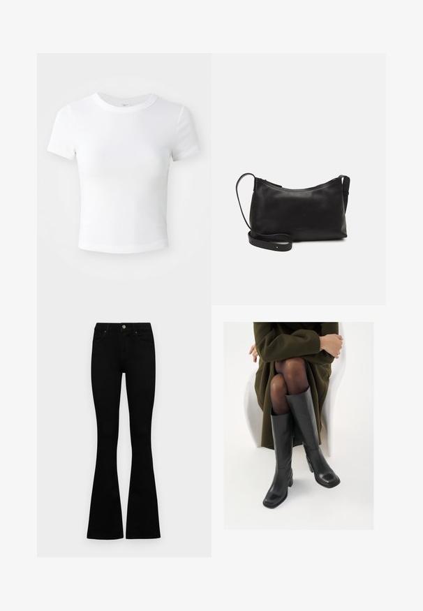 Lyhythihainen valkoinen cropped-t-paita, jossa on pyöreä kaula-aukko, esillä neutraalilla vaalealla taustalla.; Mustat korkeavyötäröiset farkut nappi- ja vetskariyläosalla, etutaskuilla ja levenevillä lahkeilla, asetettuna tasaisesti valkoista taustaa vasten.; Polvisuoja mustat nahastossud, millel on ruudukujuline varvas ja plokk-kints, on esitatud mudeli seljas, kes istub oliivrohelises mantlis. Sile tekstuur, minimaalne detailitus.; Musta nahkainen olkalaukku, jossa on sileä pinta, kaareva muoto, säädettävä hihna ja vetoketjukiinnitys. Minimalistinen muotoilu ilman koristeita.