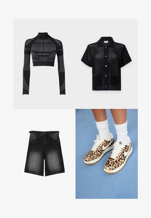 Mustat lyhyturkkiset urheiluvaatteet, joissa on pitkät hihat, korkea kaulus, puolivetoketju, tekstuuriset paneelit sekä kontrastoivat harmaat viivat ja korostukset.; Mustapitsinen lyhythihainen paita, jossa on verkkomainen kuvio, siniset tikkaukset kauluksessa ja taskun reunoilla, etuosassa napit.; Mustat farkkushortsit, joissa on kulunut pinta, viisi taskua, napitus ja vyölenkit. Kankaassa on sileä rakenne.; Tennarit Nike Air Force 1 leopardikuosisella printillä, joissa on valkoiset nauhat ja swoosh, täynnä vaaleaa kumista ulkopohjaa ja teksturoitua yläosaa. Valkoiset hienot sukat näkyvissä.