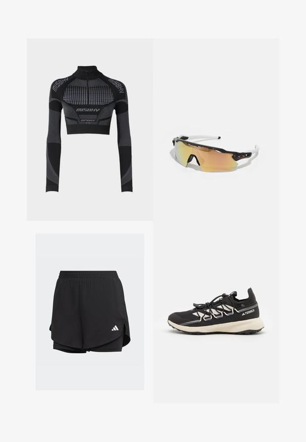 Črna kratka atletska majica z dolgimi rokavi, visokim ovratnikom, polzadrgo, teksturiranimi paneli ter kontrastnimi sivo obrobami in poudarki.; Črne atletske kratke hlače z elastičnim pasom, plastičnim dizajnom, notranjimi prilagojenimi hlačami in belim logotipom na spodnji levi strani.; Črne atletske čevlje z teksturirano zgornjico, kontrastnimi belimi poudarki, oblikovanim podplatom in elastičnimi vezalkami. Imajo natisnjen logo na peti.; Sončne očala z okvirjem v črno-belih tonih, velikimi zrcalnimi lečami v zlatih in rožnatih odtenkih, aerodinamično zasnovo in podaljšanim zunanjim robom.