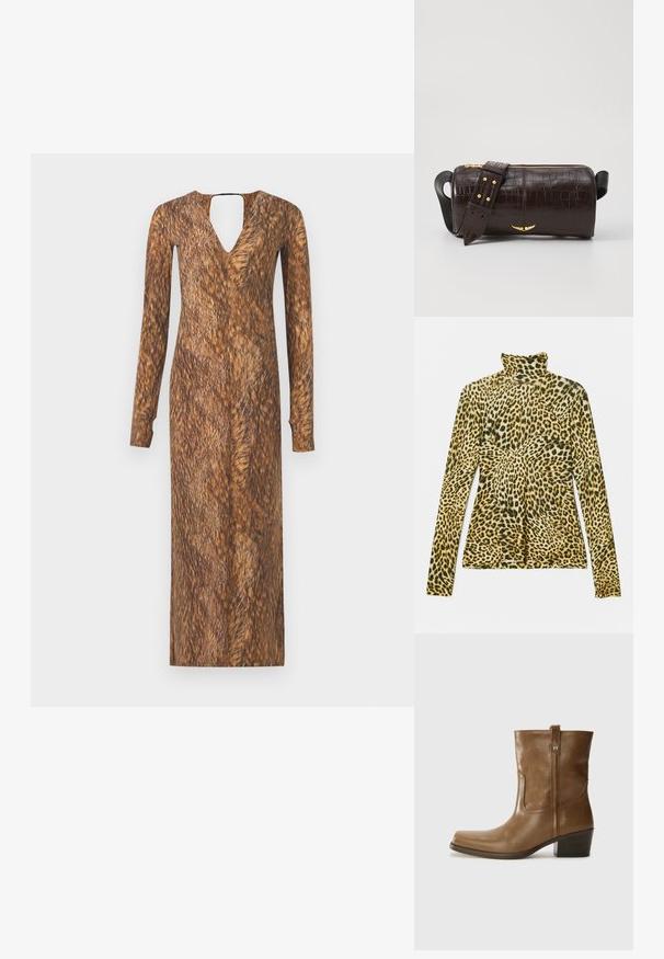 Long-sleeve turtleneck shirt in leopard print. Features a soft, stretchy fabric with a yellow and black color pattern. Fitted design.; Long-sleeve dress with a V-neck and keyhole back, featuring a fur-like brown texture and pattern throughout the fabric.; Brown leather ankle boot with a square toe, textured finish, and a low stacked heel. Features a rear pull tab and subtle stitching details.; Brown crocodile-embossed leather bag with a cylindrical shape, gold-tone hardware, and a detachable strap featuring studs.