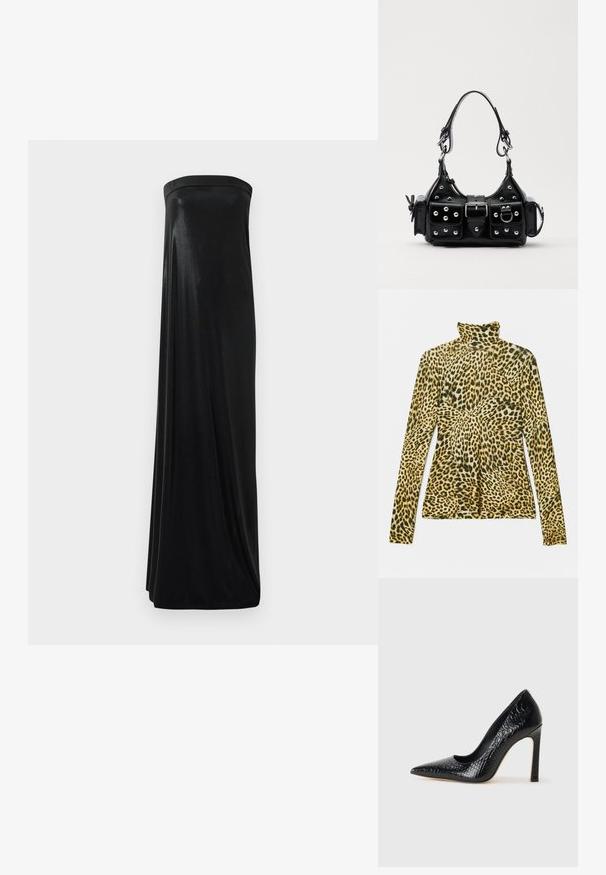 Langarm-Turtleneck-Shirt im Leopardenmuster. Ausweiches, dehnbare Stoff mit einem gelb-schwarzen Farbmuster. Figurbetonte Passform.; Schwarzes, trägerloses Maxikleid aus glattem, glänzendem Stoff. Es hat ein figurbetontes Oberteil und eine fließende Silhouette, die den Boden erreicht, ohne Verzierungen.; Schwarzer, spitz zulaufender High Heel mit Krokodilleder-Struktur, elegantem Design, hohem Stiletto-Absatz und glattem schwarzen Innenraum.; Schwarze Lederhandtasche mit einem geschwungenen Design, verziert mit silbernen Nieten, einer Schnalle und zwei seitlichen Taschen. Verstellbarer Träger für verschiedene Tragemöglichkeiten.