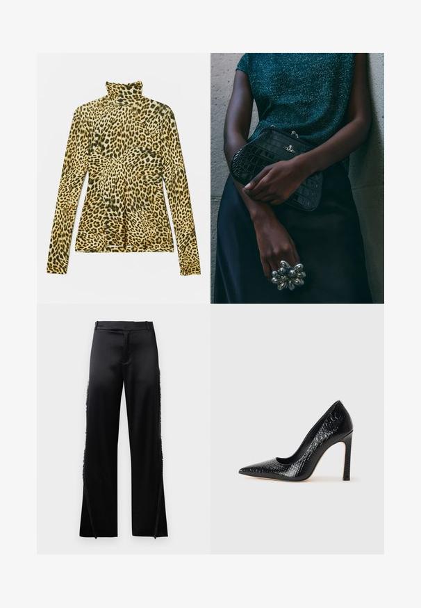 Camisa de cuello alto de manga larga con estampado de leopardo. Presenta una tela suave y elástica con un patrón de color amarillo y negro. Diseño ajustado.; Pantalones de satén negros con patas anchas, que presentan detalles de flecos a lo largo de las costuras laterales y una cinturilla plana en la parte delantera. Parte trasera lisa sin bolsillos.; Zapato de tacón alto negro con punta afilada y textura de piel de cocodrilo, que presenta un diseño elegante, un alto tacón de aguja y un interior negro suave.; Bolso de mano negro con estampado de cocodrilo y herrajes plateados, sostenido frente a un fondo gris texturizado. Presenta una superficie brillante.