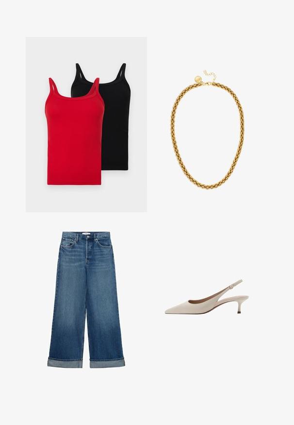 Two ribbed tank tops in red and black. Each has thin straps, a slim fit, and a soft cotton texture. No visible logos or patterns.; Dark blue wide-leg jeans with a high waist, featuring five pockets, button and zipper closure, and rolled cuffs. Classic denim texture.; Beige slingback heels with a pointed toe and a low, flared heel. Made from smooth leather with a minimalistic design and adjustable strap.; Gold chain necklace featuring interlinked oval links, a textured surface, and a clasp with a small round accent and extension chain.