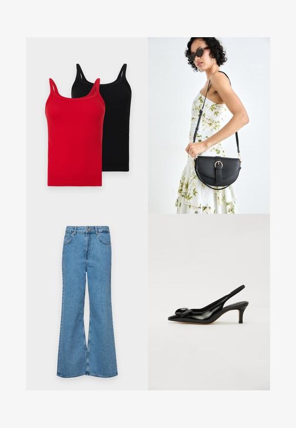Două topuri din bumbac cu pliuri, unul roșu și unul negru. Fiecare are bretele subțiri, o croială slim și o textură moale din bumbac. Fără logo-uri sau modele vizibile.; Jeanși evazați de culoare albastru deschis, din denim, cu talie înaltă, cinci buzunare și închidere cu un singur buton. Textură moale cu un finisaj decolorat.; Pantofii slingback din piele veritabilă neagră cu vârf ascuțit, tocul mic și un accent proeminent sub formă de fundă pe parte superioară. Textură netedă și design elegant.; Geantă din piele neagră, cu o formă curbată, curea detașabilă și accesorii aurii. Geanta are un capac cu un detaliu tip cataramă.