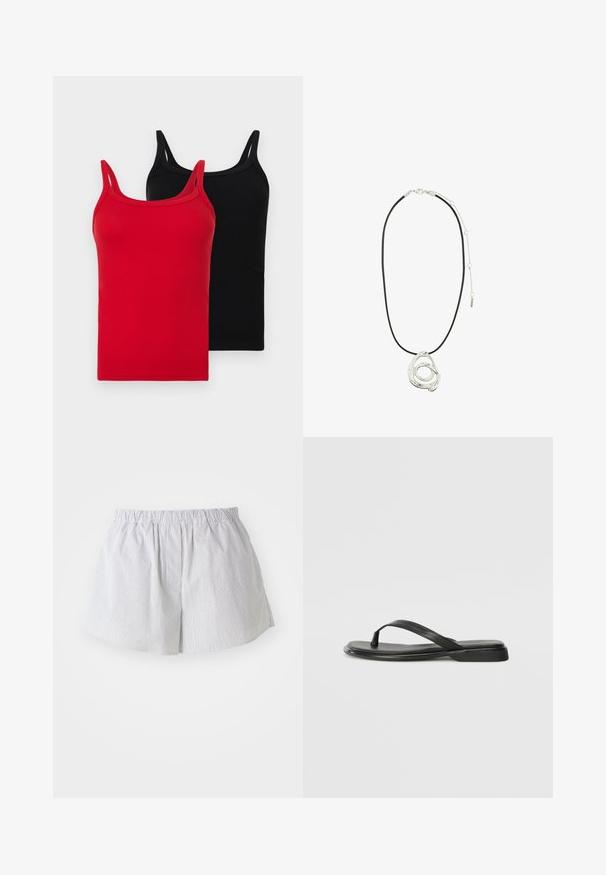 Two ribbed tank tops in red and black. Each has thin straps, a slim fit, and a soft cotton texture. No visible logos or patterns.; Striped shorts in light blue and white cotton, featuring an elastic waistband and a relaxed fit with side openings for ease of movement.; Black flip-flop made of smooth leather, featuring a thin strap design and a flat sole with a minimal profile. No notable patterns or accents.; Pilgrim UNFOLD - Necklace - silver-coloured