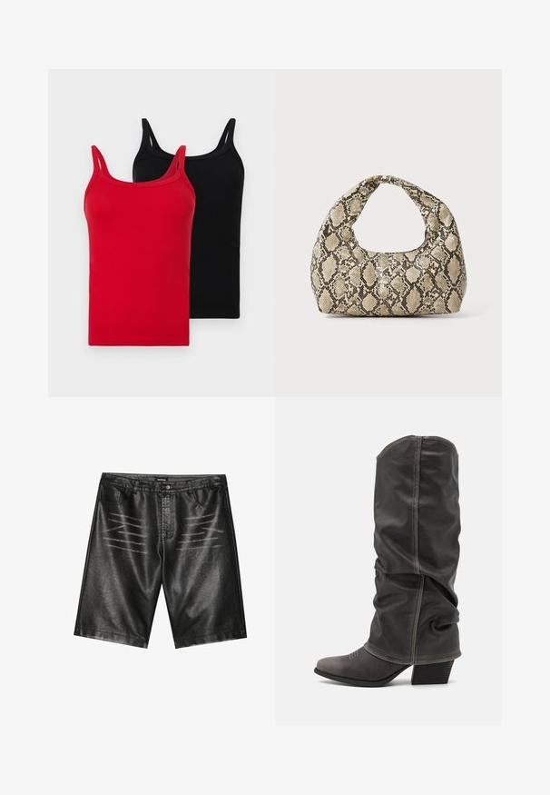 To ribbede tanktopper i rød og svart. Hver av dem har tynne stropper, en slank passform og en myk bomullstekstur. Ingen synlige logoer eller mønstre.; Svarte faux skinnshorts med en jevn tekstur, fem lommer og diskret stripe detaljer foran. Klassisk rett snitt-design.; Grå skinnstøvletter i kalvhøyde med et slaskete design, spiss tå og stablet hæl. Merkbar sømdetalj på tåområdet.; Veske med slangeskinnmønster og krummet håndtak. Laget av teksturerte, beige og brune materialer, med et særegent diamantmønster.