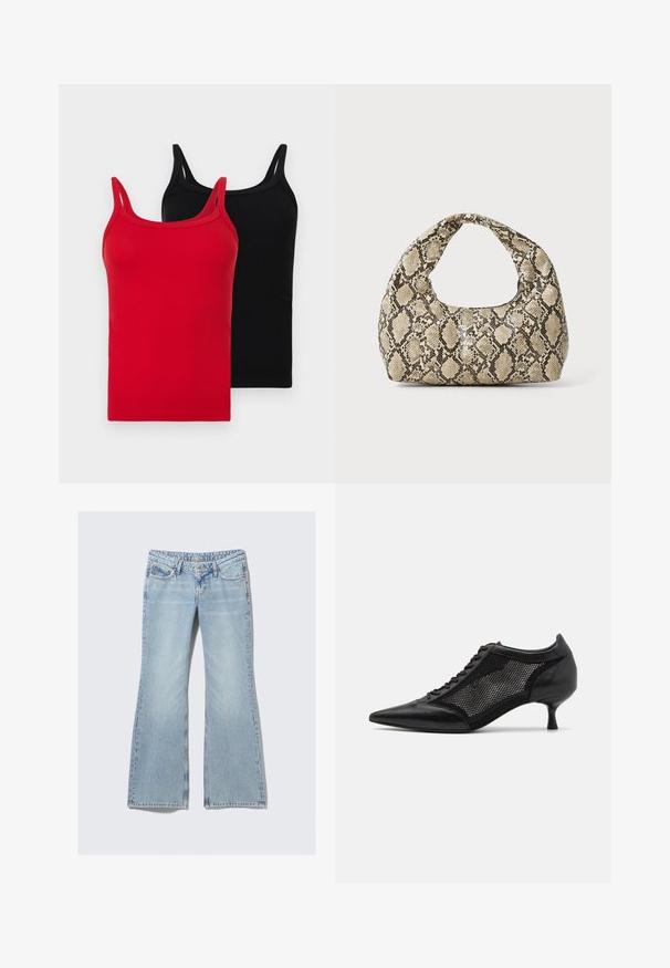 Due top in cotone a coste, uno rosso e uno nero. Ognuno ha spalline sottili, una vestibilità aderente e una texture morbida. Nessun logo o motivo visibile.; Weekday NOVA - Jeans slim fit - lip blue; Scarpa nera a punta con un design a pannello di rete, dotata di un tacco basso e lacci frontali. Realizzata in una combinazione di pelle e materiale a rete.; Borsa a stampa rettile con manico curvo. Realizzata in materiali testurizzati beige e marroni, presenta un distintivo motivo a rombi.